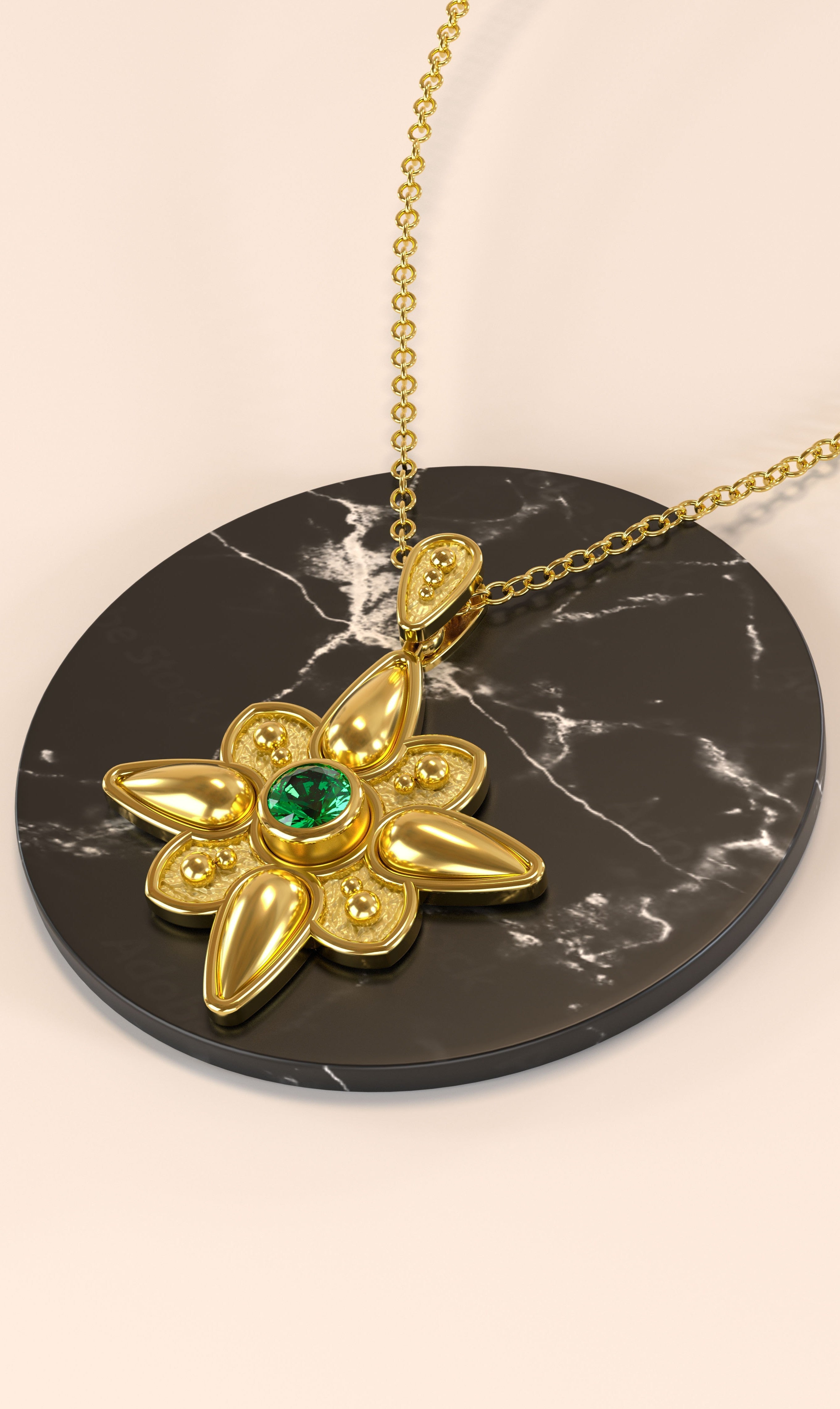 Handmade Gold Flower Pendant with Emerald Odysseus Jewelry