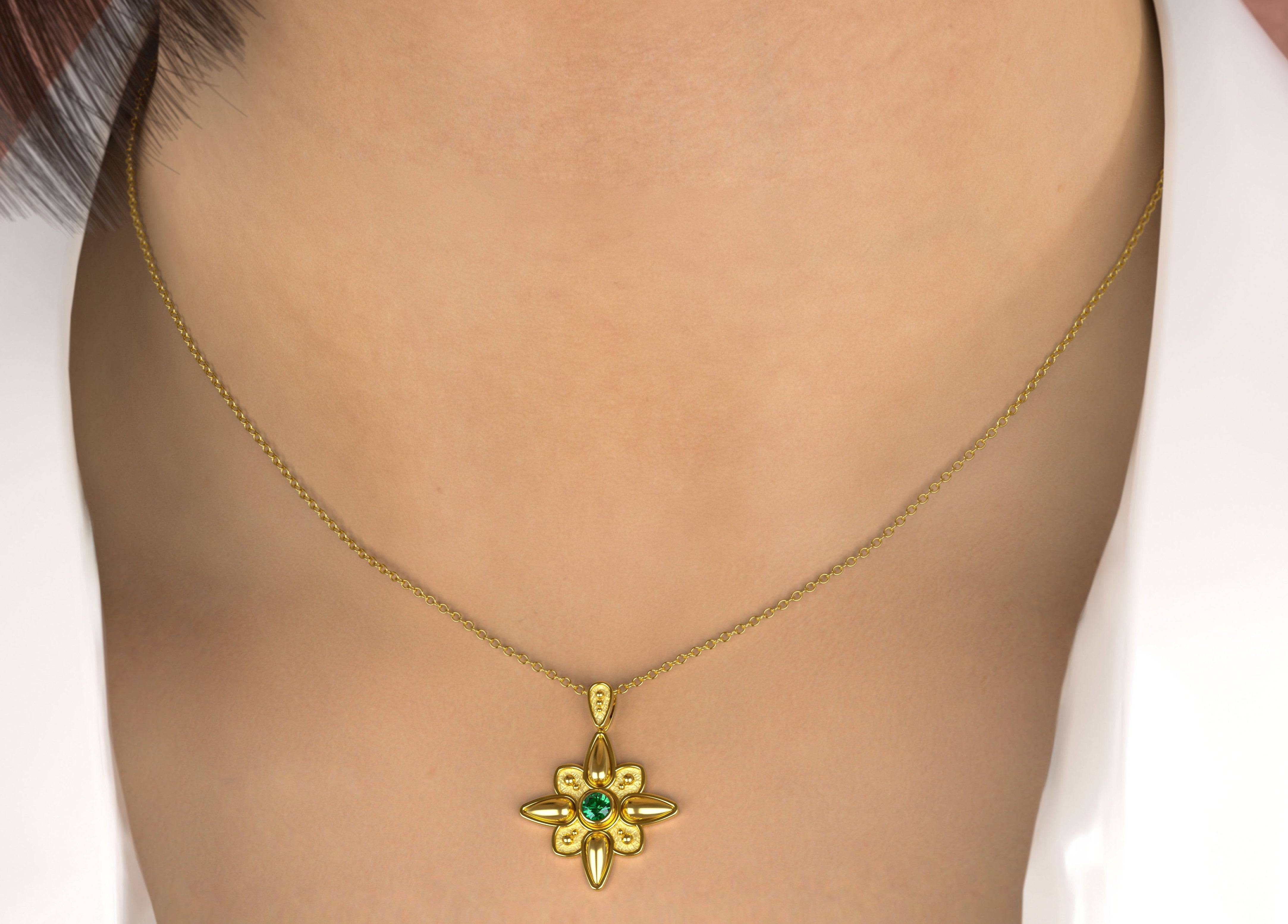 Handmade Gold Flower Pendant with Emerald Odysseus Jewelry