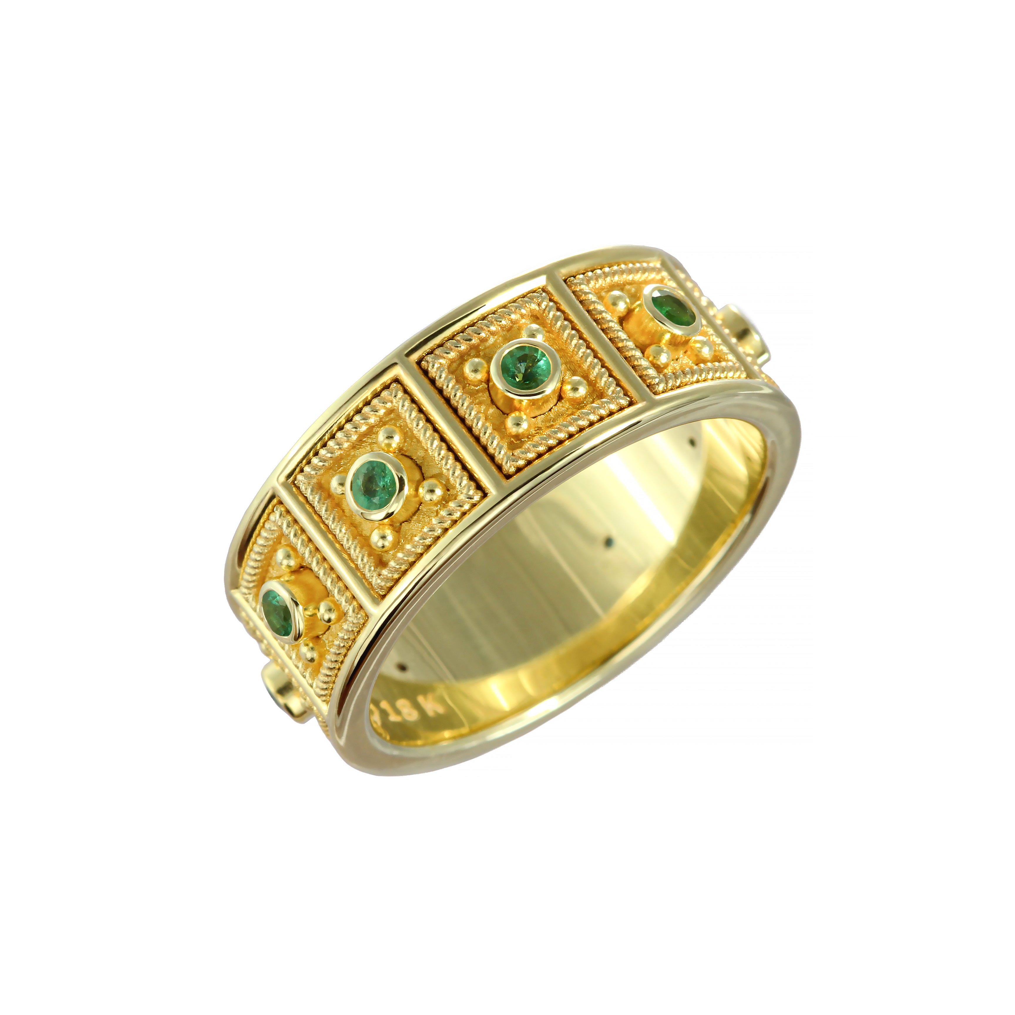 Byzantine Square Gold Ring with Emeralds Odysseus Jewelry