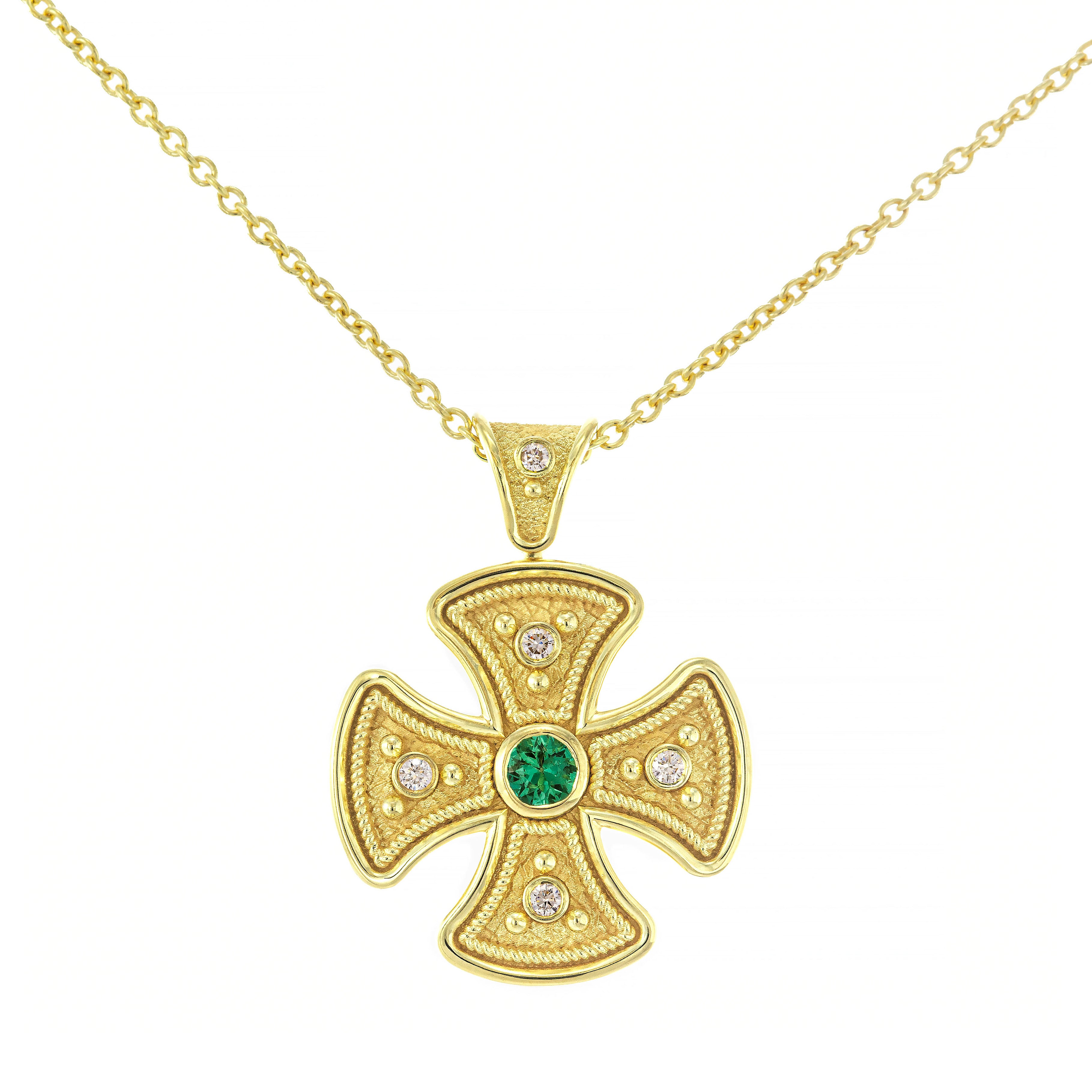 Byzantine Round Cross Pendant with Emerald and Diamonds Odysseus Jewelry