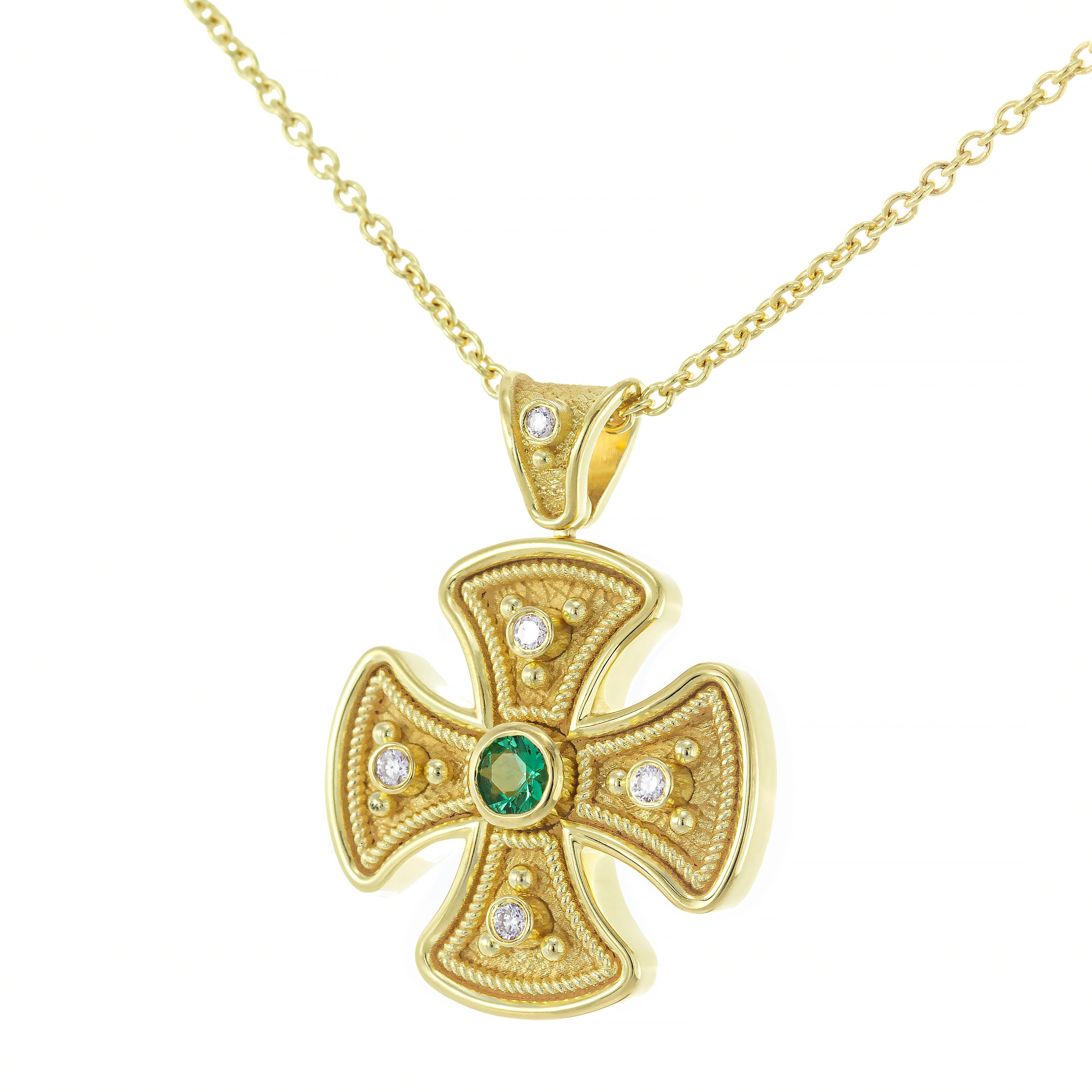 Byzantine Round Cross Pendant with Emerald and Diamonds Odysseus Jewelry