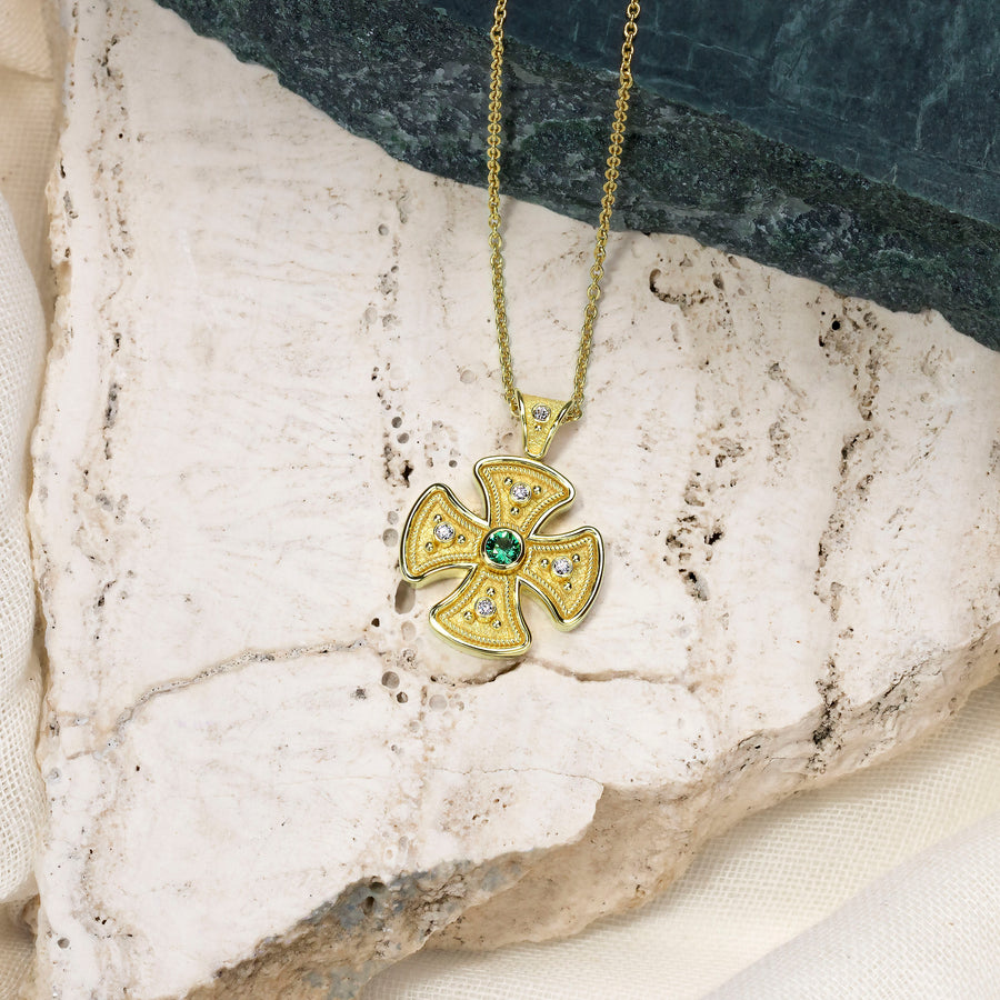 Byzantine Round Cross Pendant with Emerald and Diamonds