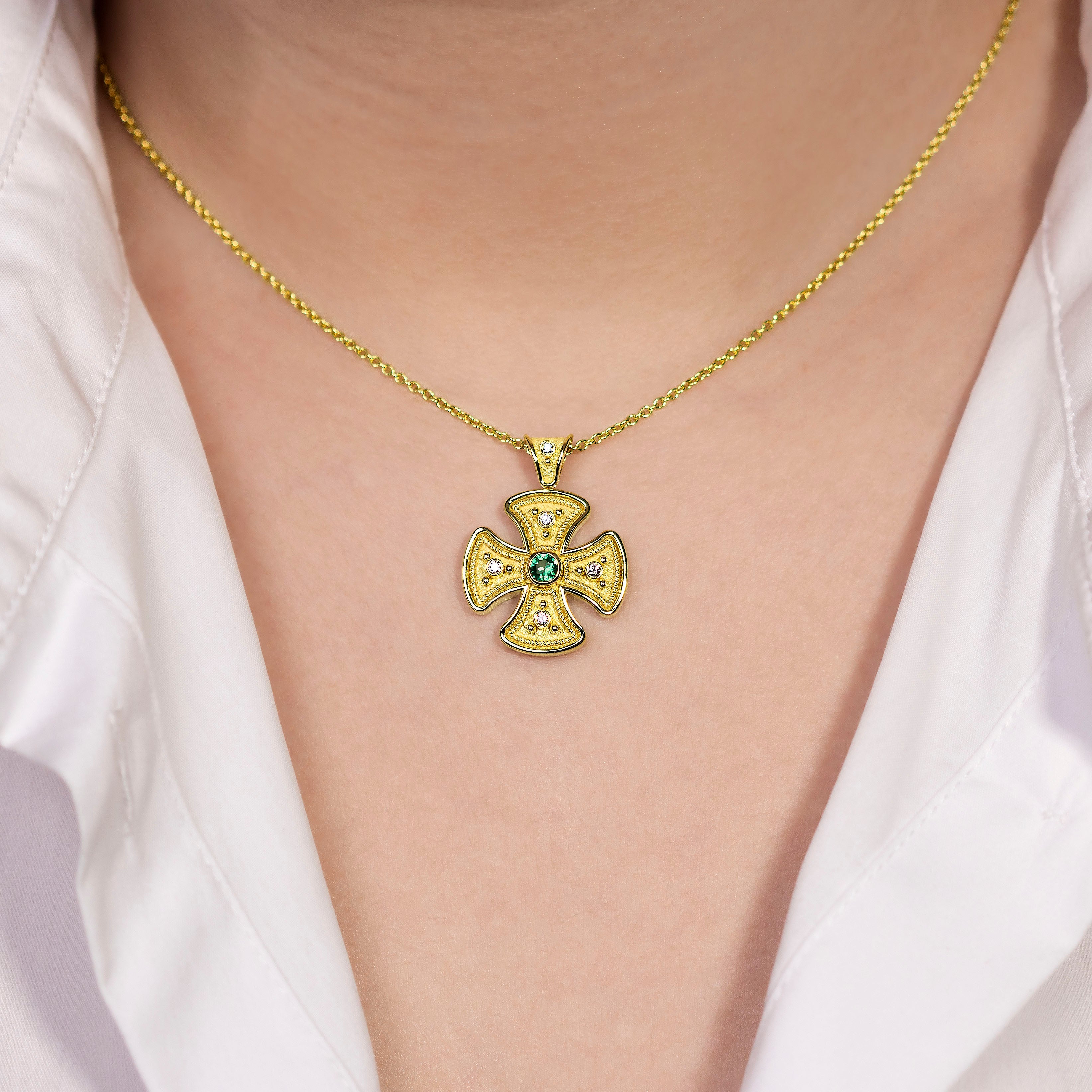 Byzantine Round Cross Pendant with Emerald and Diamonds Odysseus Jewelry