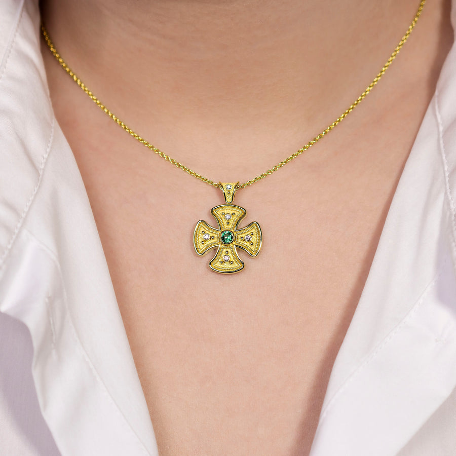 Byzantine Round Cross Pendant with Emerald and Diamonds
