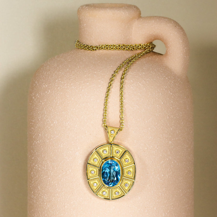Byzantine Oval Gold Pendant with Oval Swiss Topaz and Diamonds