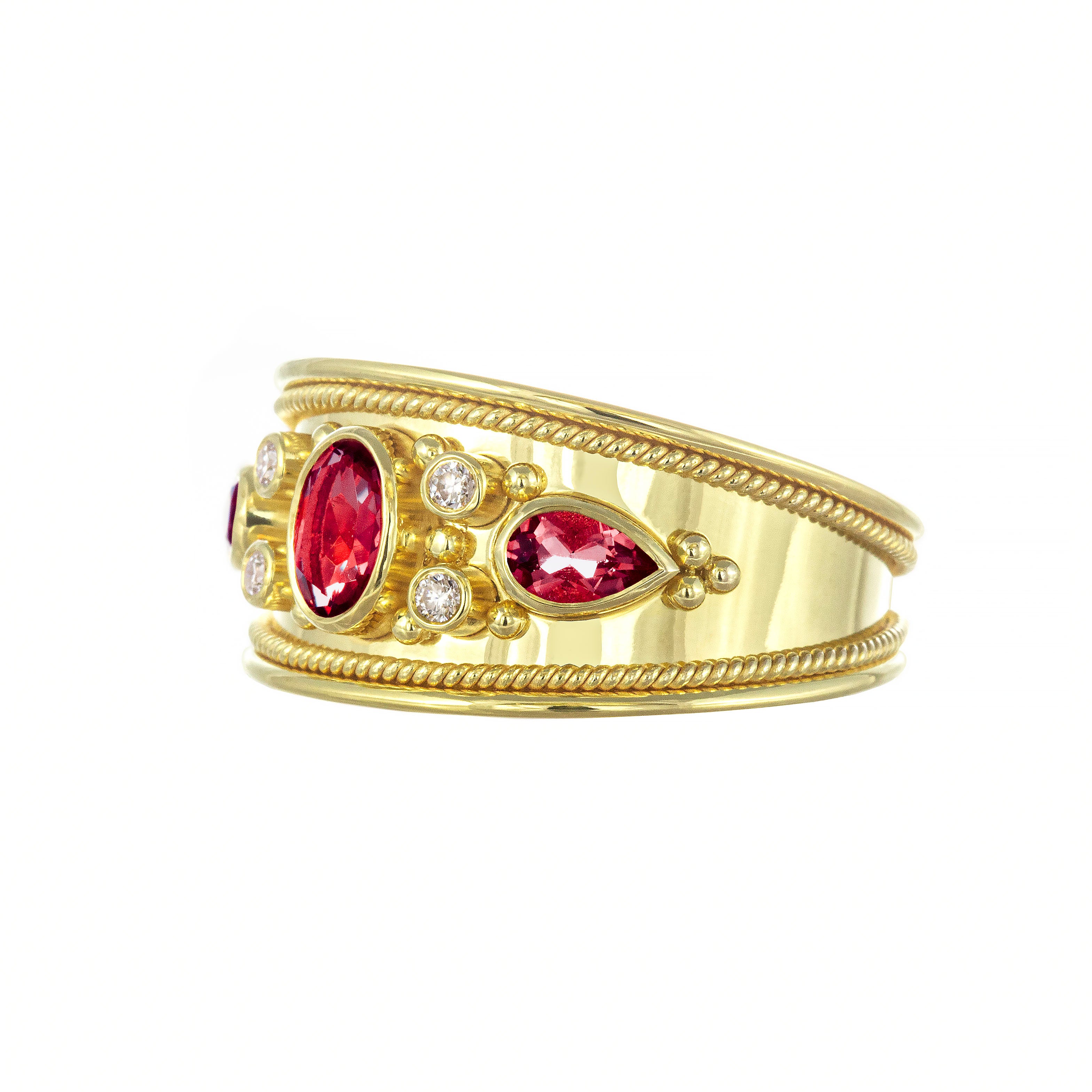 Byzantine Gold Ring with Rubies Diamonds and a Shiny Finish Odysseus Jewelry