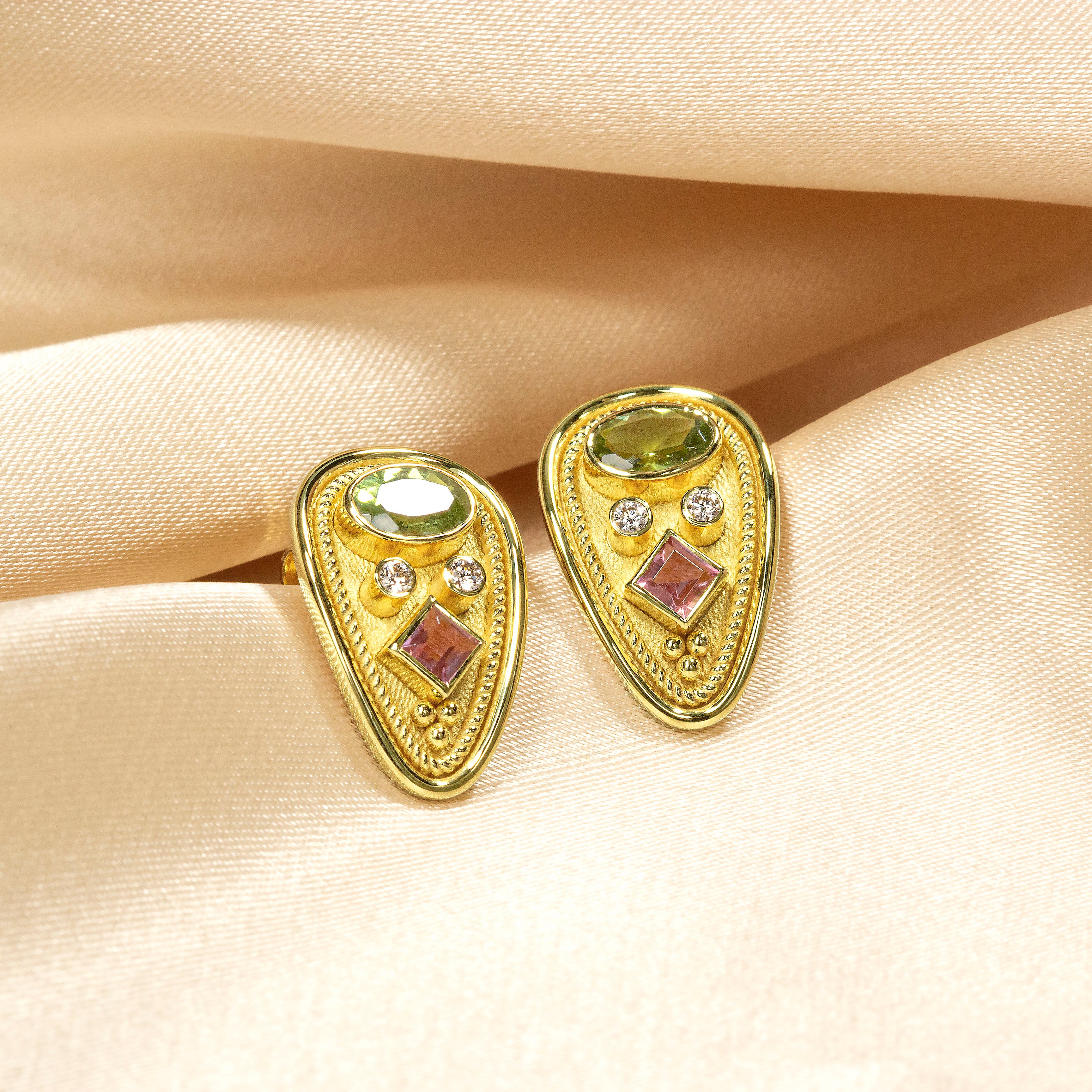 Byzantine Gold Earrings with Tourmalines and Diamonds Odysseus Jewelry