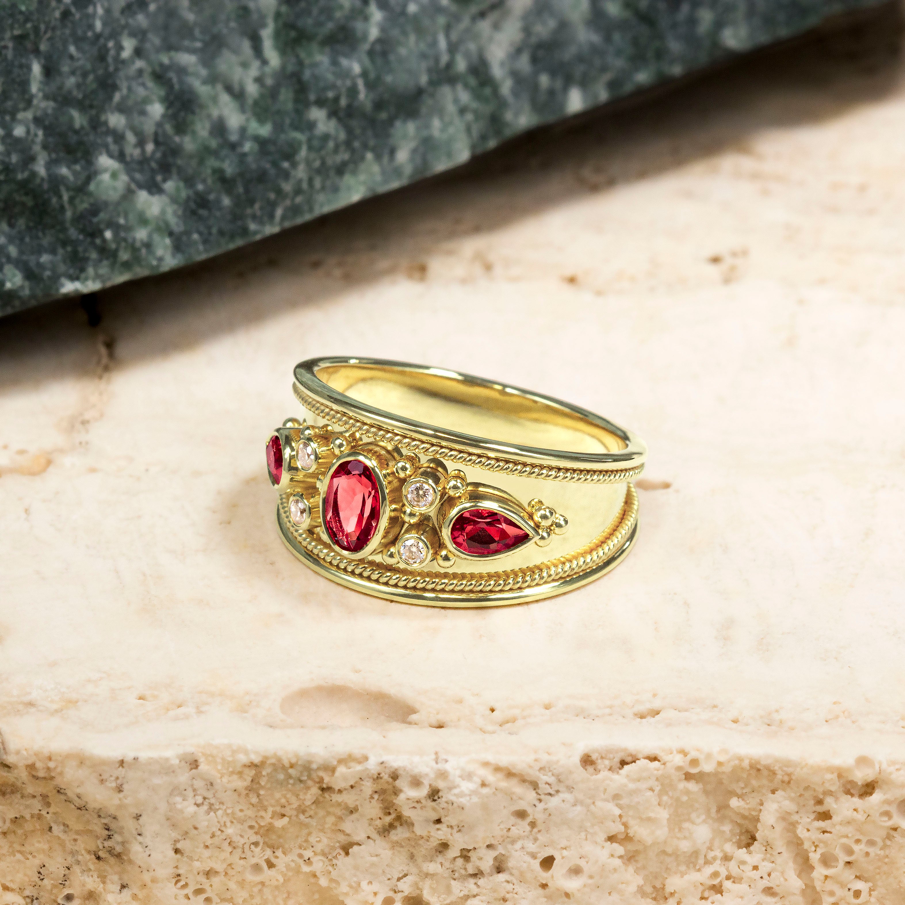 Byzantine Gold Ring with Rubies Diamonds and a Shiny Finish Odysseus Jewelry