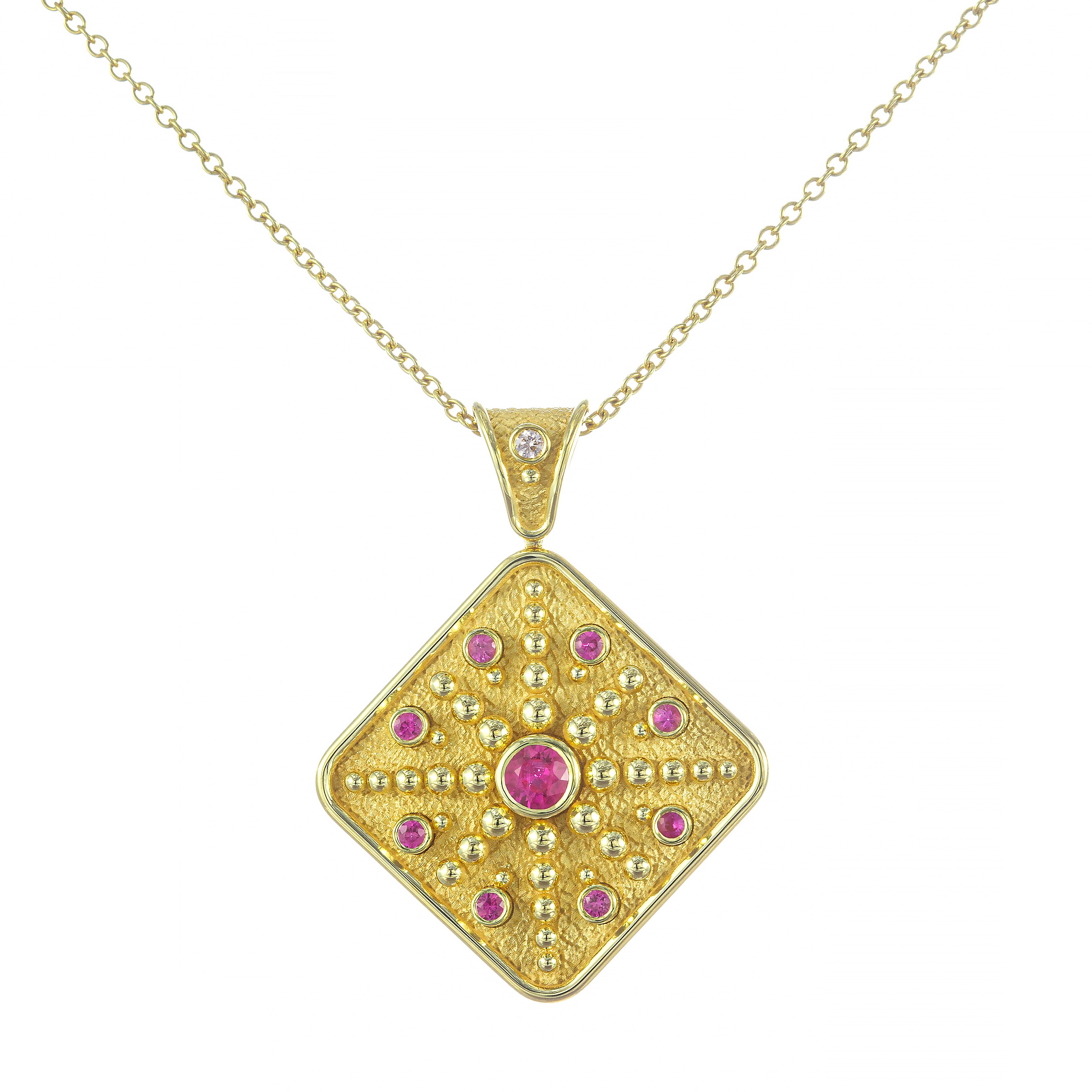 Square Gold Pendant with Pink Sapphires and Diamond Odysseus Jewelry