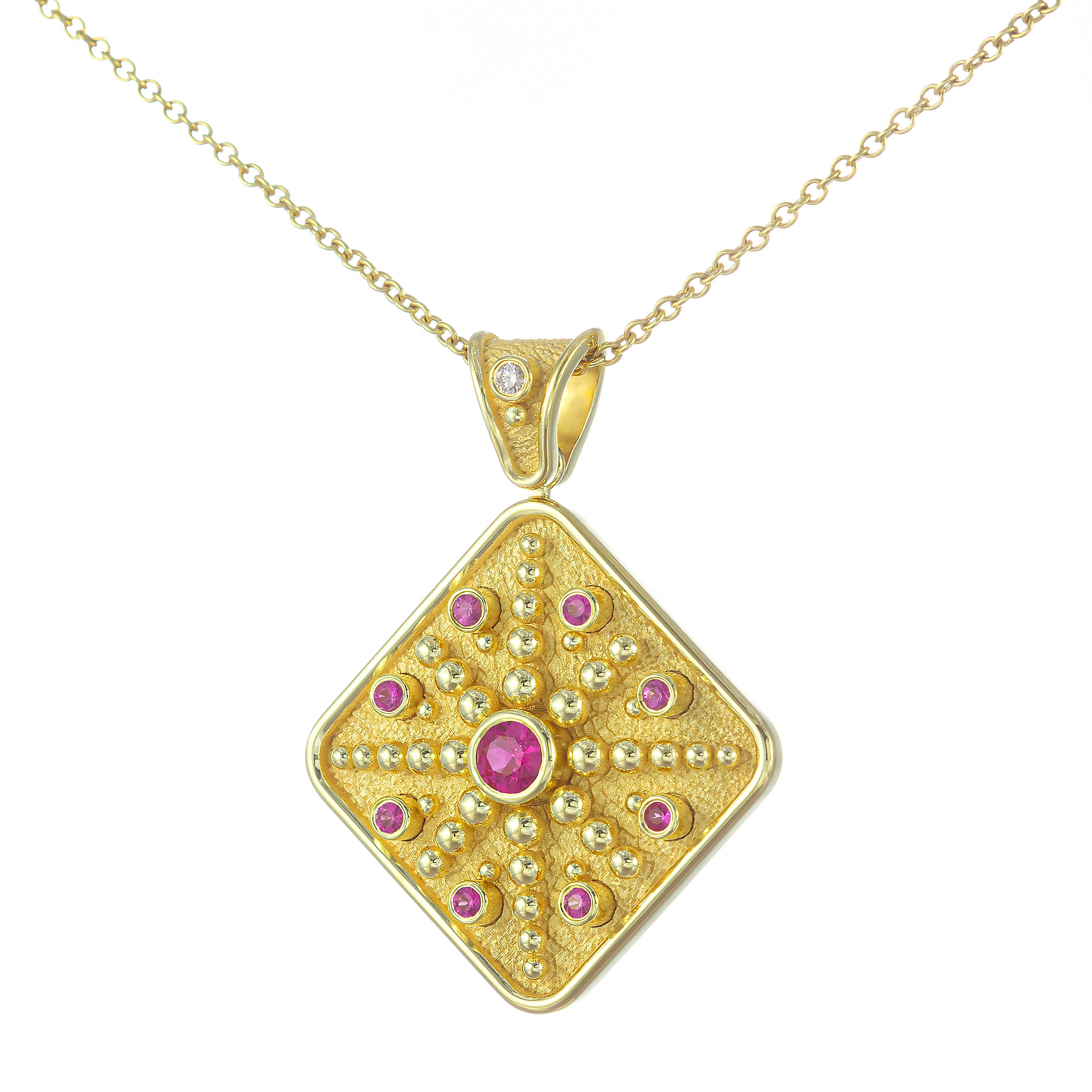 Square Gold Pendant with Pink Sapphires and Diamond Odysseus Jewelry