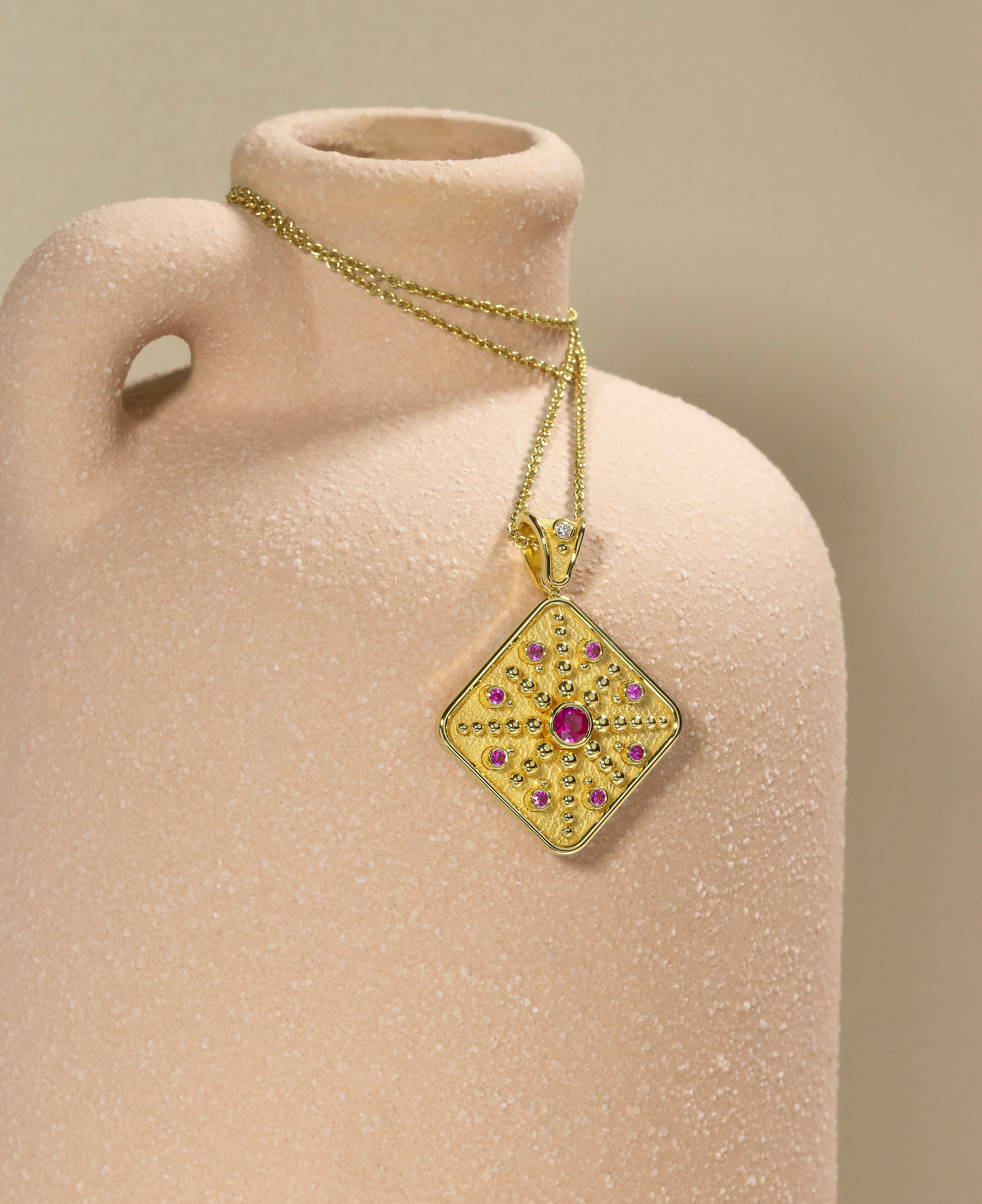 Square Gold Pendant with Pink Sapphires and Diamond Odysseus Jewelry