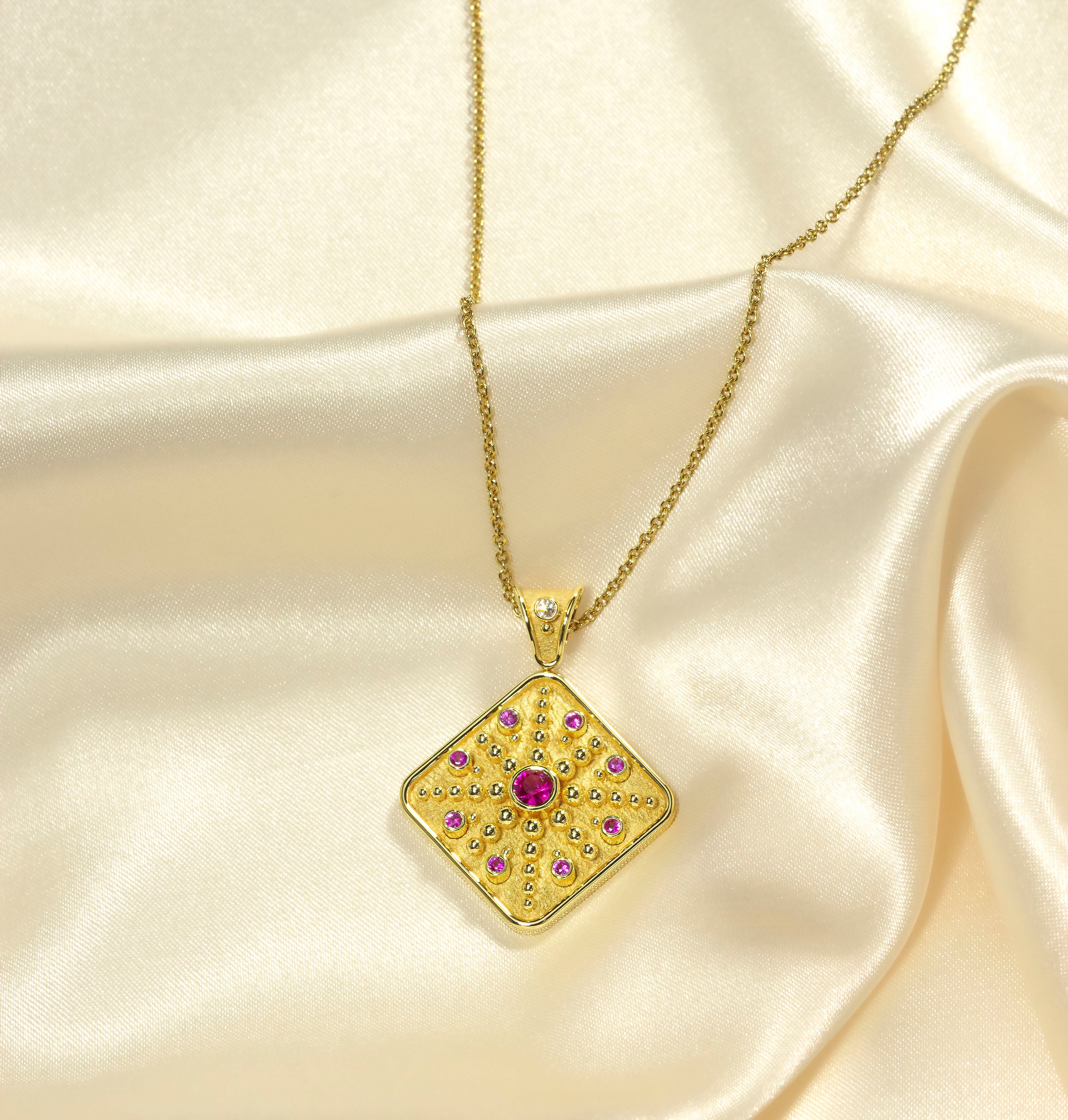 Square Gold Pendant with Pink Sapphires and Diamond Odysseus Jewelry