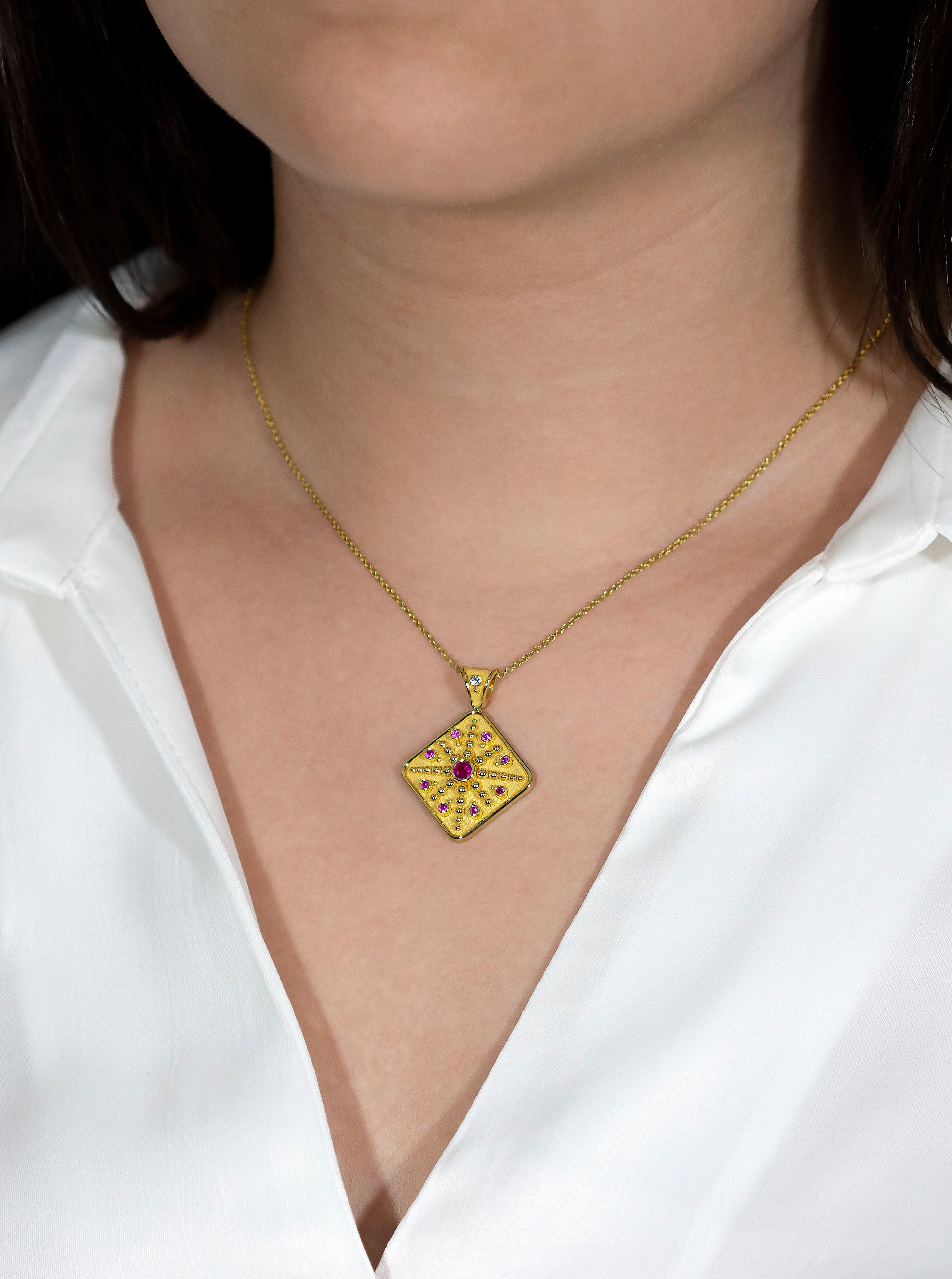 Square Gold Pendant with Pink Sapphires and Diamond Odysseus Jewelry