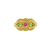 Gold Ring with Pink Tourmaline Peridots and Granulations