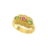 Gold Ring with Pink Tourmaline Peridots and Granulations