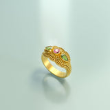 Gold Ring with Pink Tourmaline Peridots and Granulations