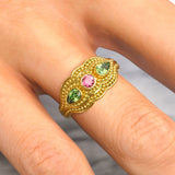 Gold Ring with Pink Tourmaline Peridots and Granulations