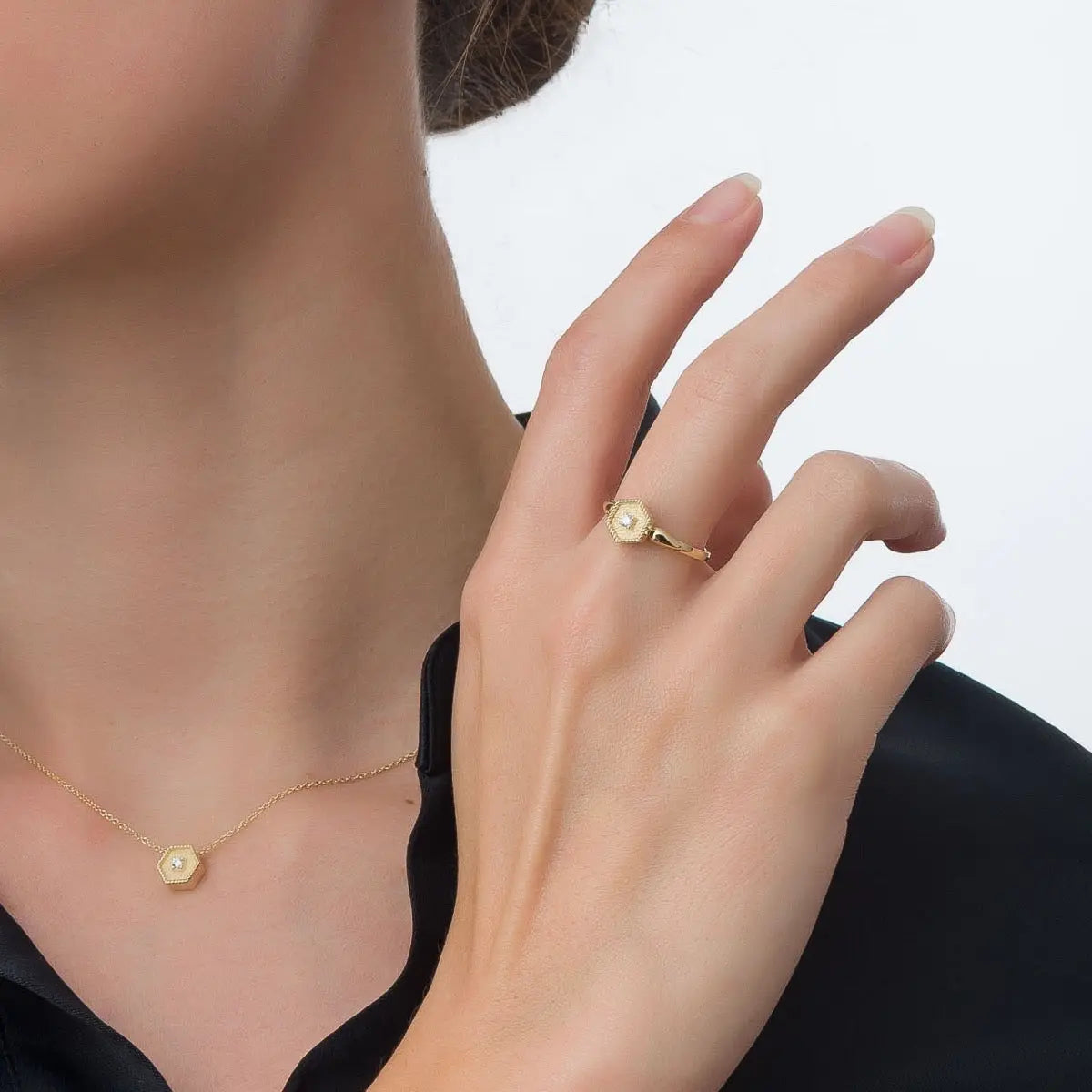 Gold Polygon Ring with Diamond Odysseus Jewelry