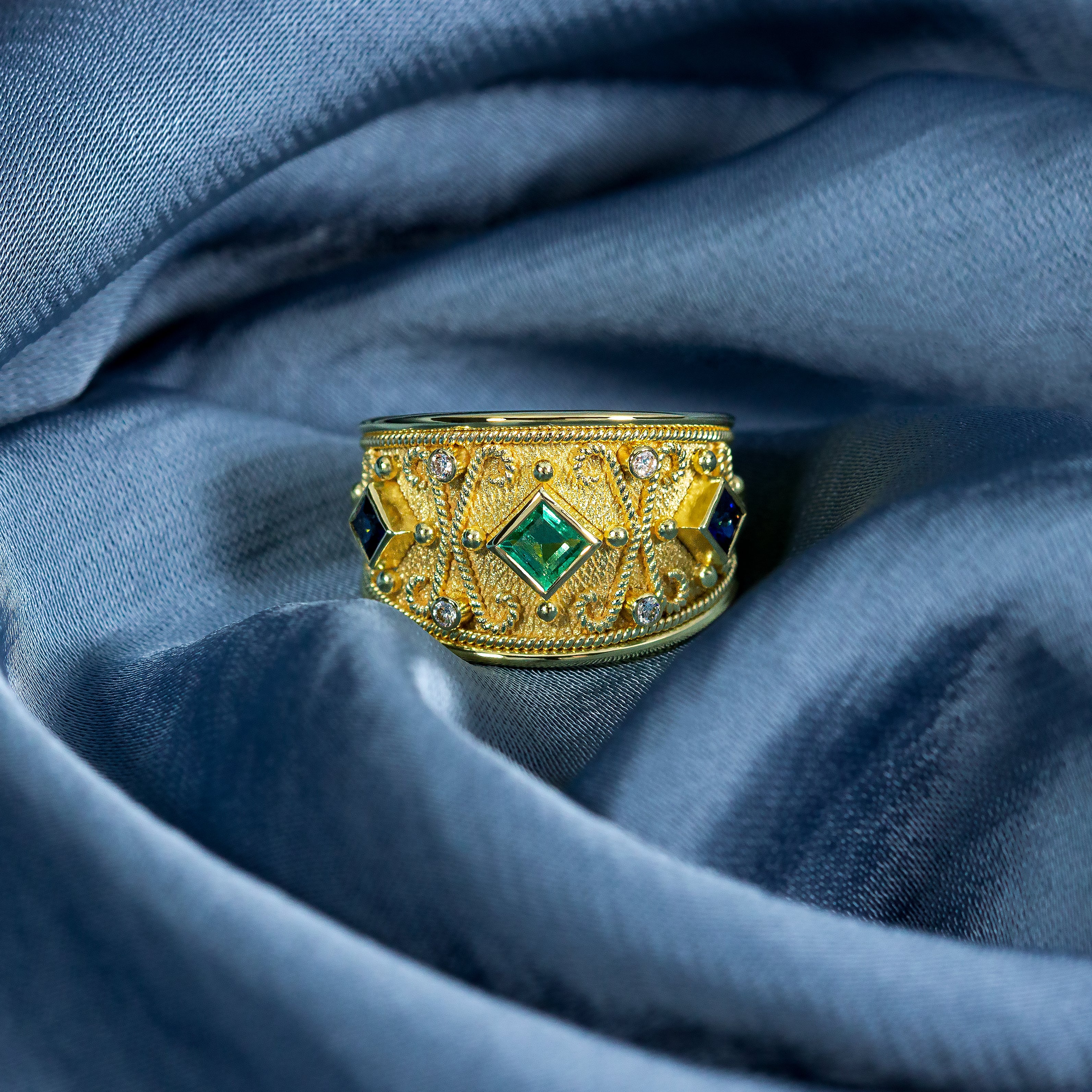 Byzantine Gold Ring with Emerald Sapphires and Diamonds Odysseus Jewelry