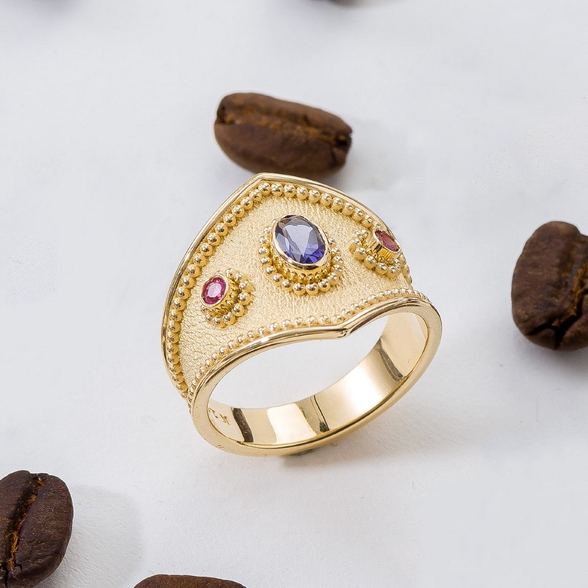 Byzantine Gold Ring with Tourmalines and Iolite Odysseus Jewelry