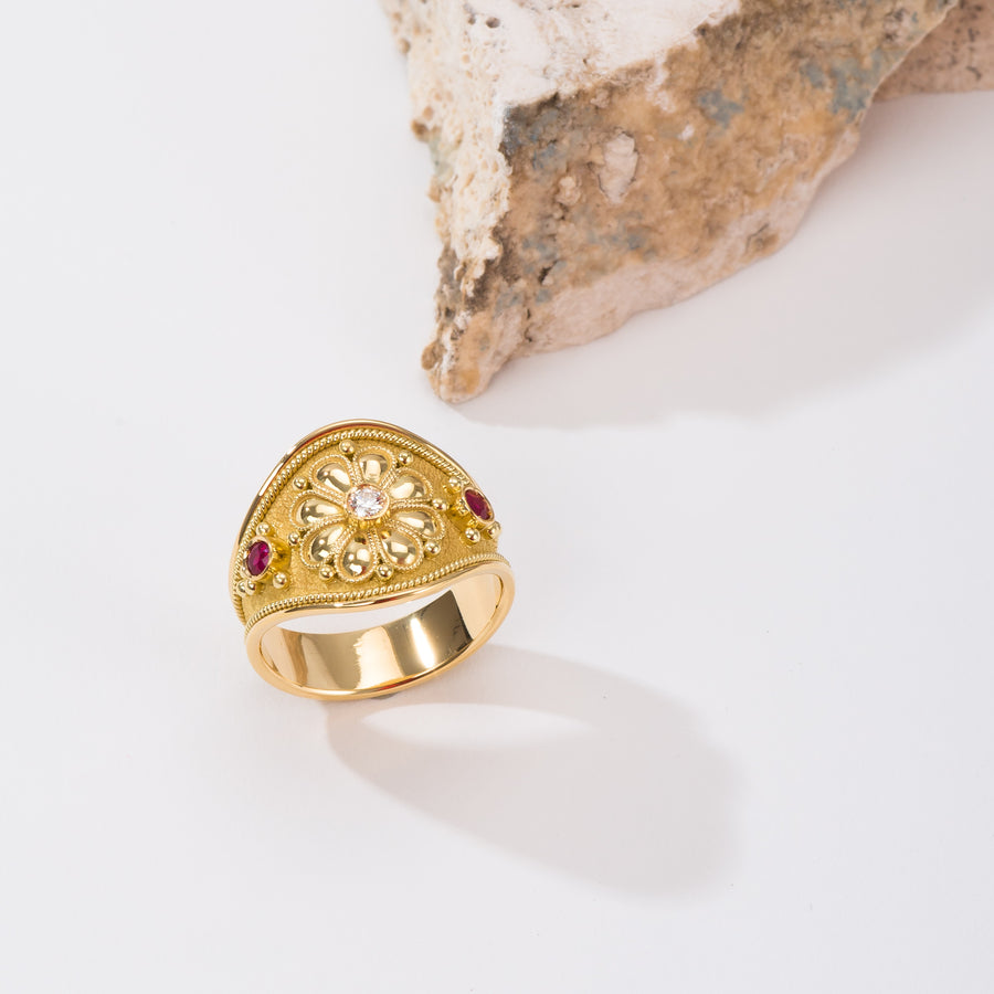 Golden Diamond Byzantine Ring with Rubies