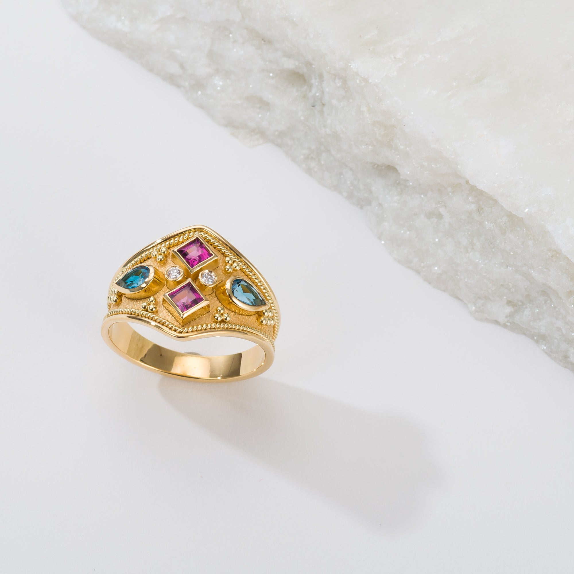 Rhodolite Topaz Byzantine Ring with Diamonds Odysseus Jewelry