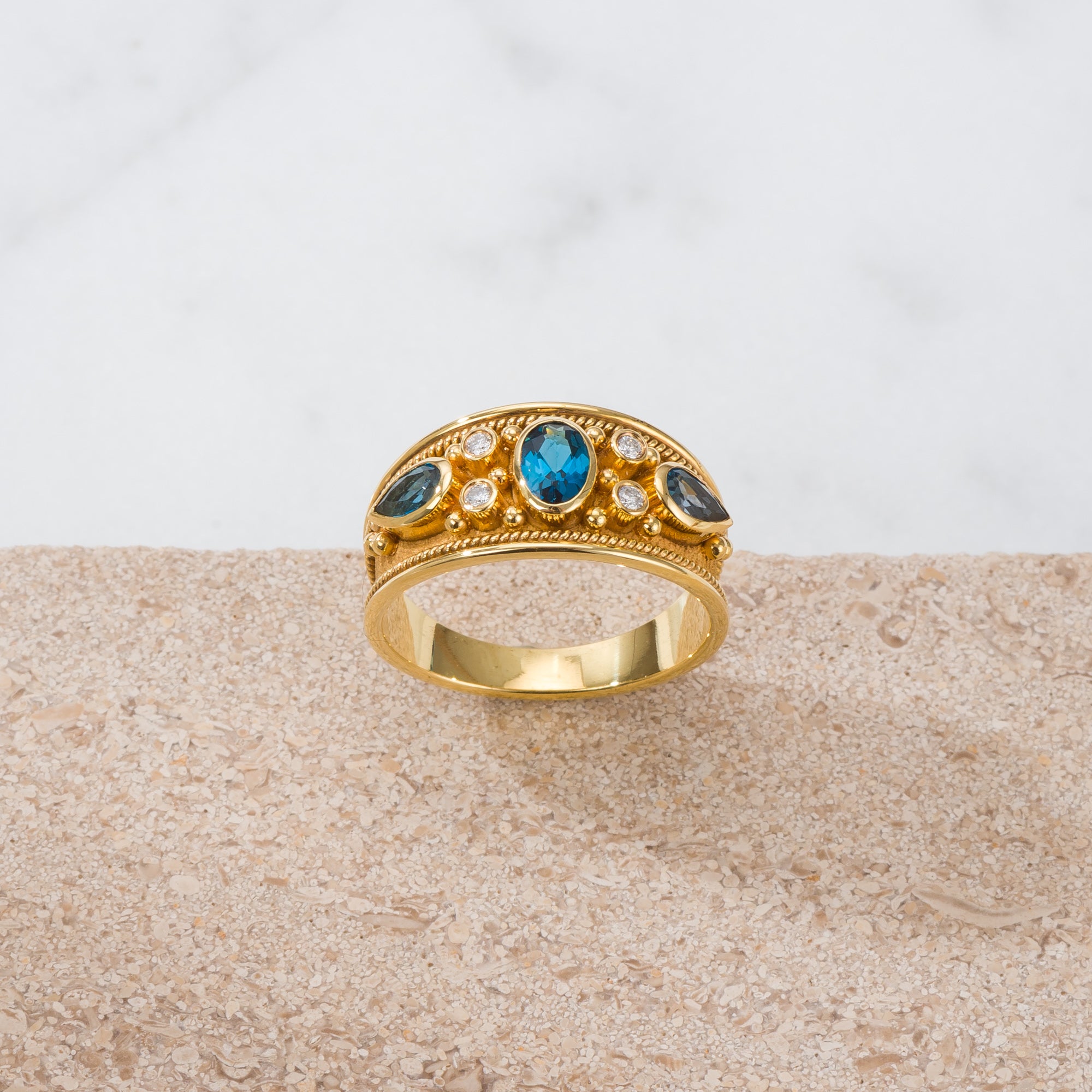 London Topaz Gold Byzantine Ring with Diamonds Odysseus Jewelry
