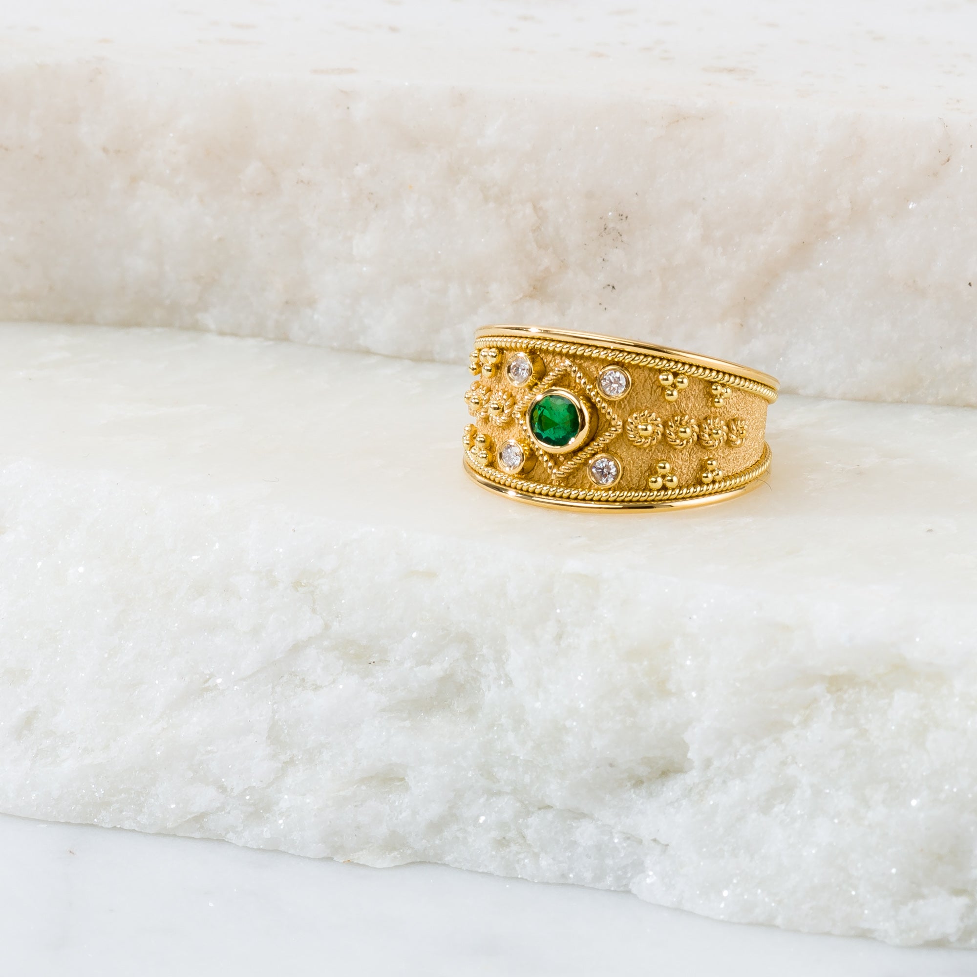 Emerald Gold Byzantine Ring with Diamonds Odysseus Jewelry
