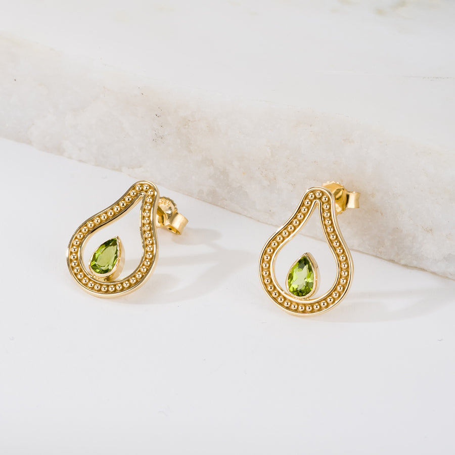 Pear Peridot Gold Byzantine Earrings