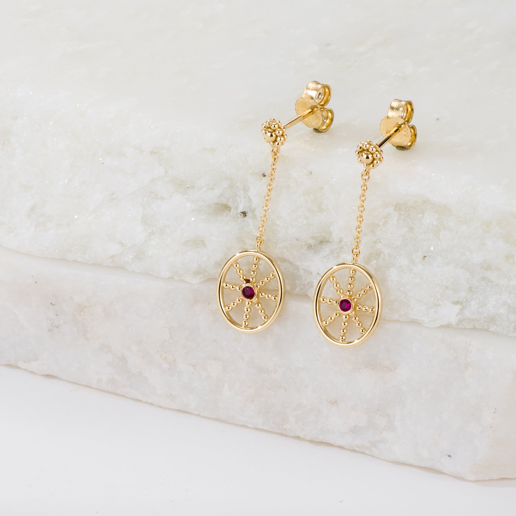 Granulation Gold Earrings with Ruby Odysseus Jewelry
