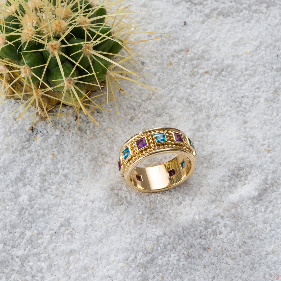 Gold Byzantine Granulation Gemstone Band Ring