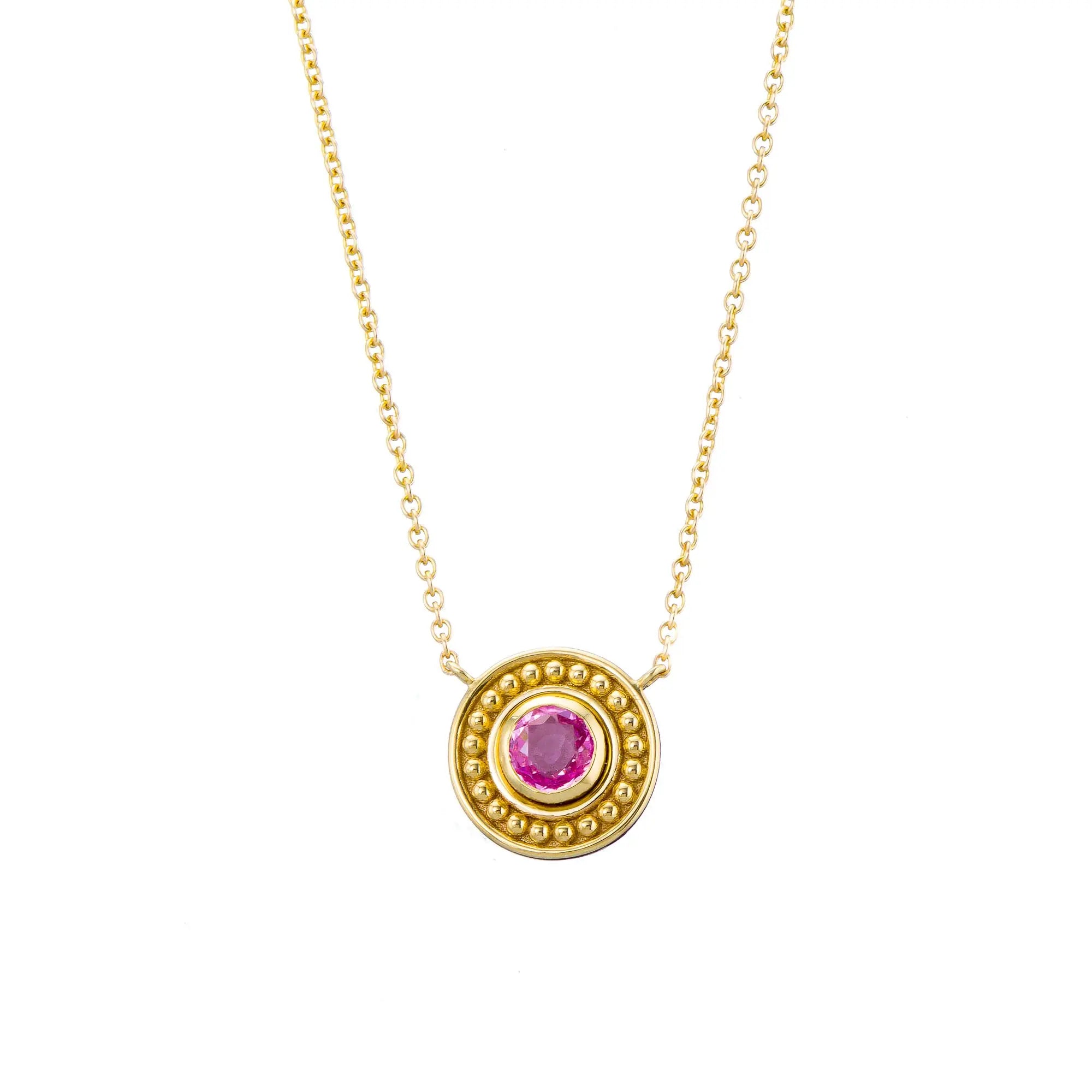 Gold Pendant with Round Pink Sapphire Odysseus Jewelry