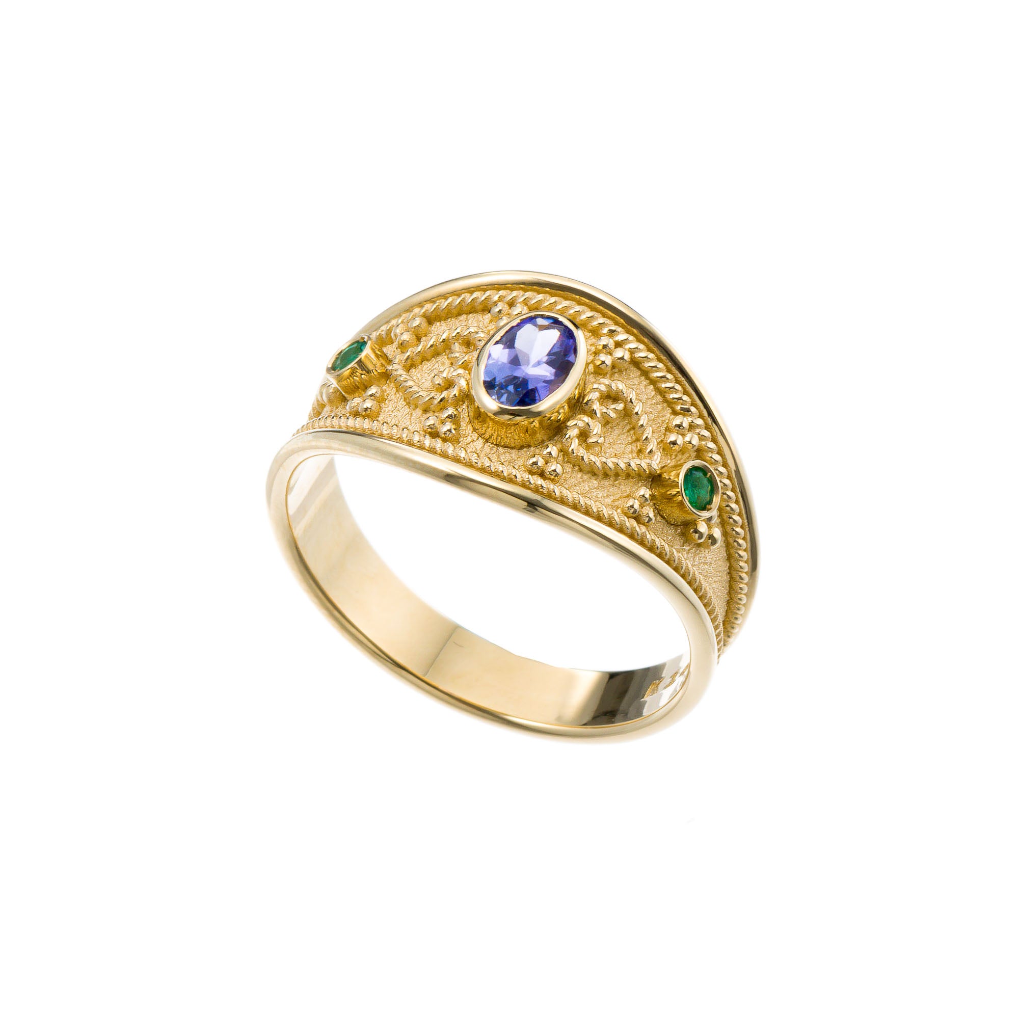 Tanzanite Emerald Byzantine Gold Ring Odysseus Jewelry