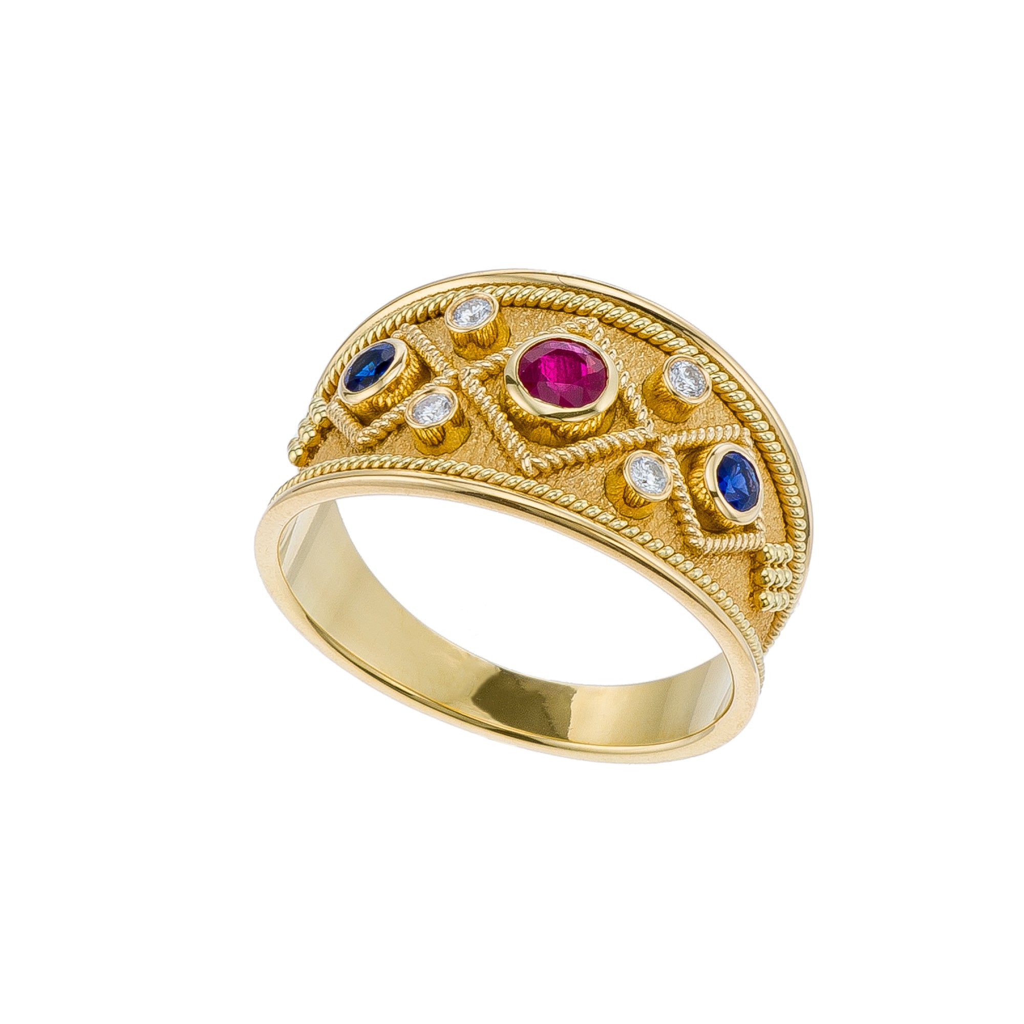 Byzantine Gold Ring with Ruby Sapphires and Diamonds Odysseus Jewelry