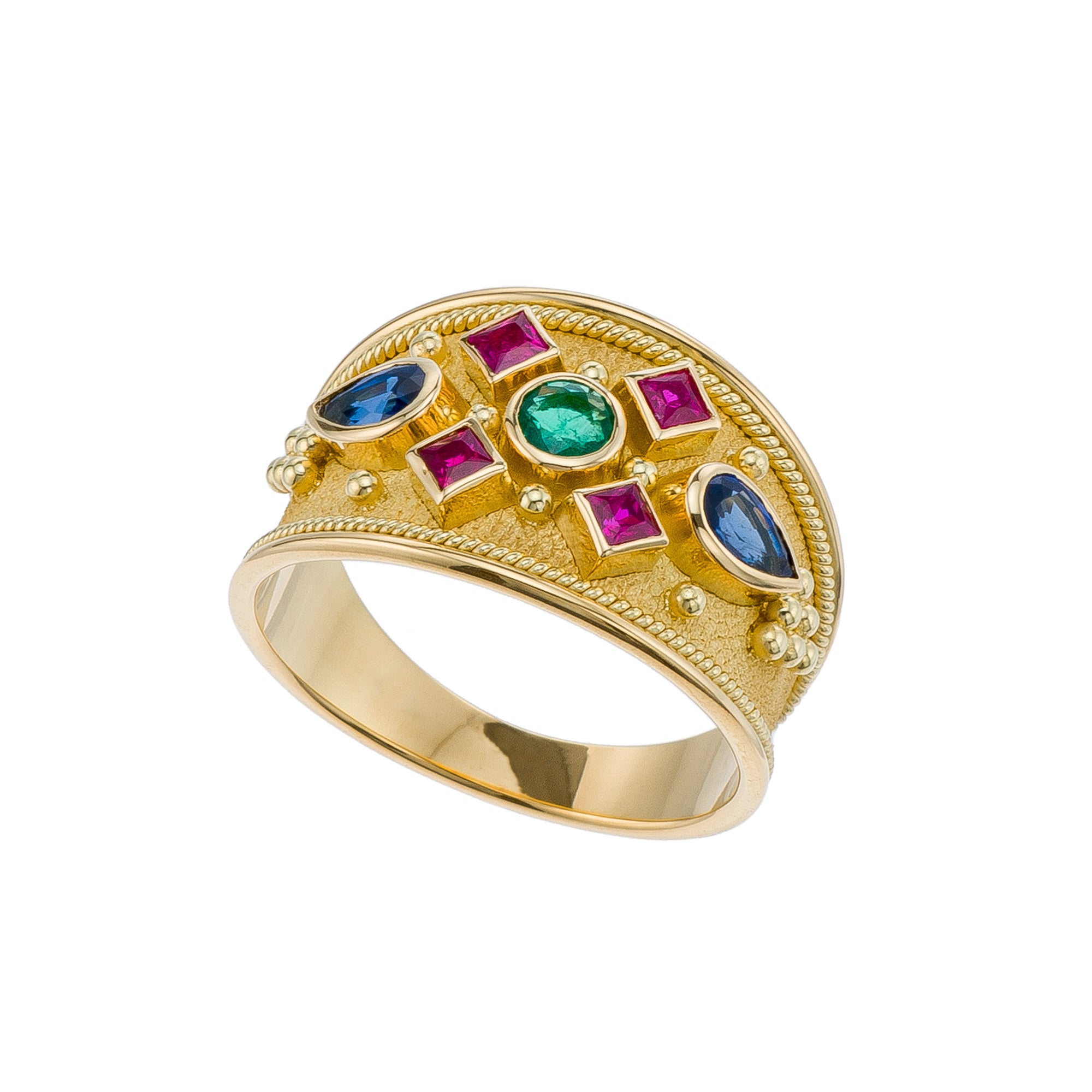 Gold Byzantine Ring with Emerald Rubies and Sapphires Odysseus Jewelry
