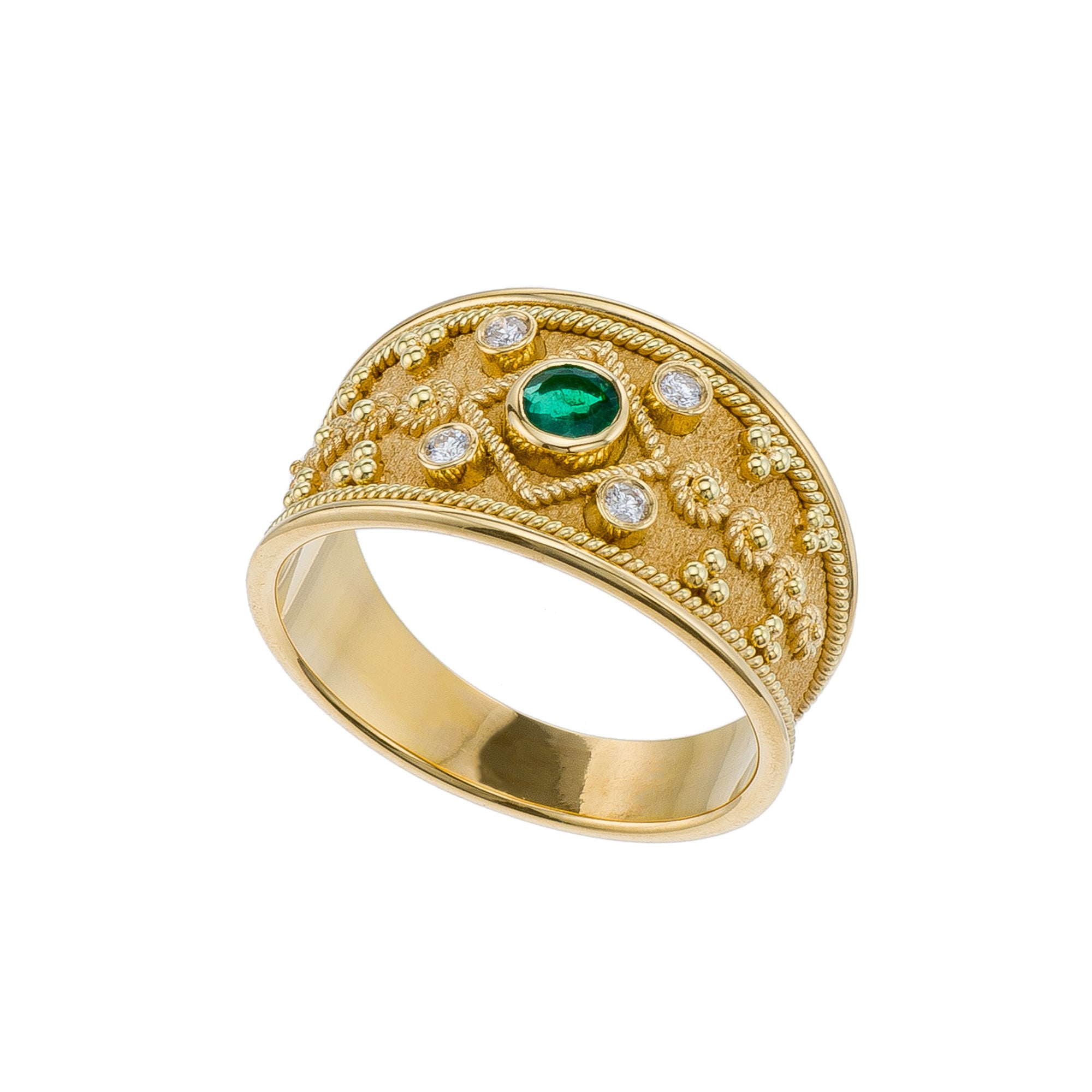 Emerald Gold Byzantine Ring with Diamonds Odysseus Jewelry