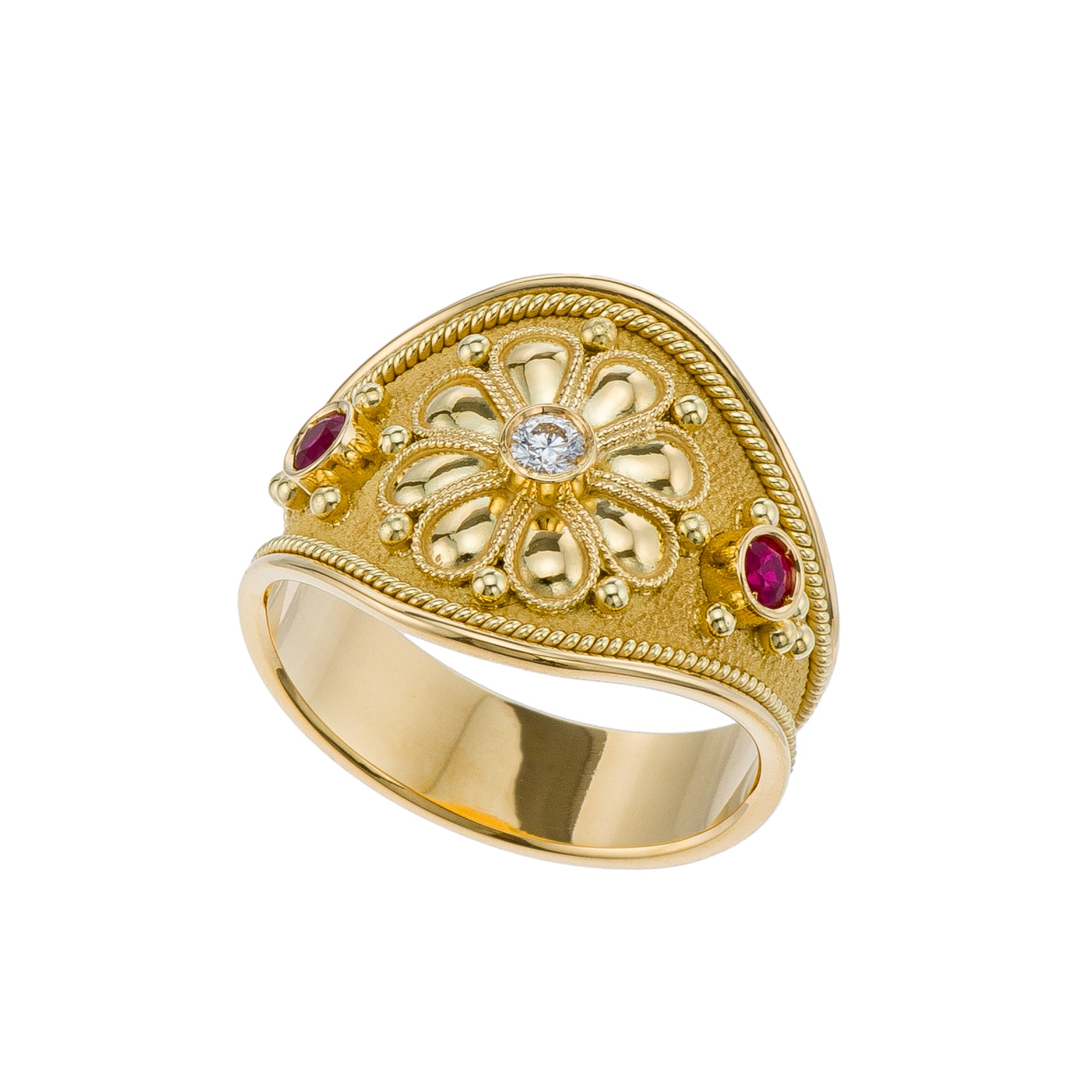 Gold Diamond Byzantine Daisy Ring with Rubies Odysseus Jewelry