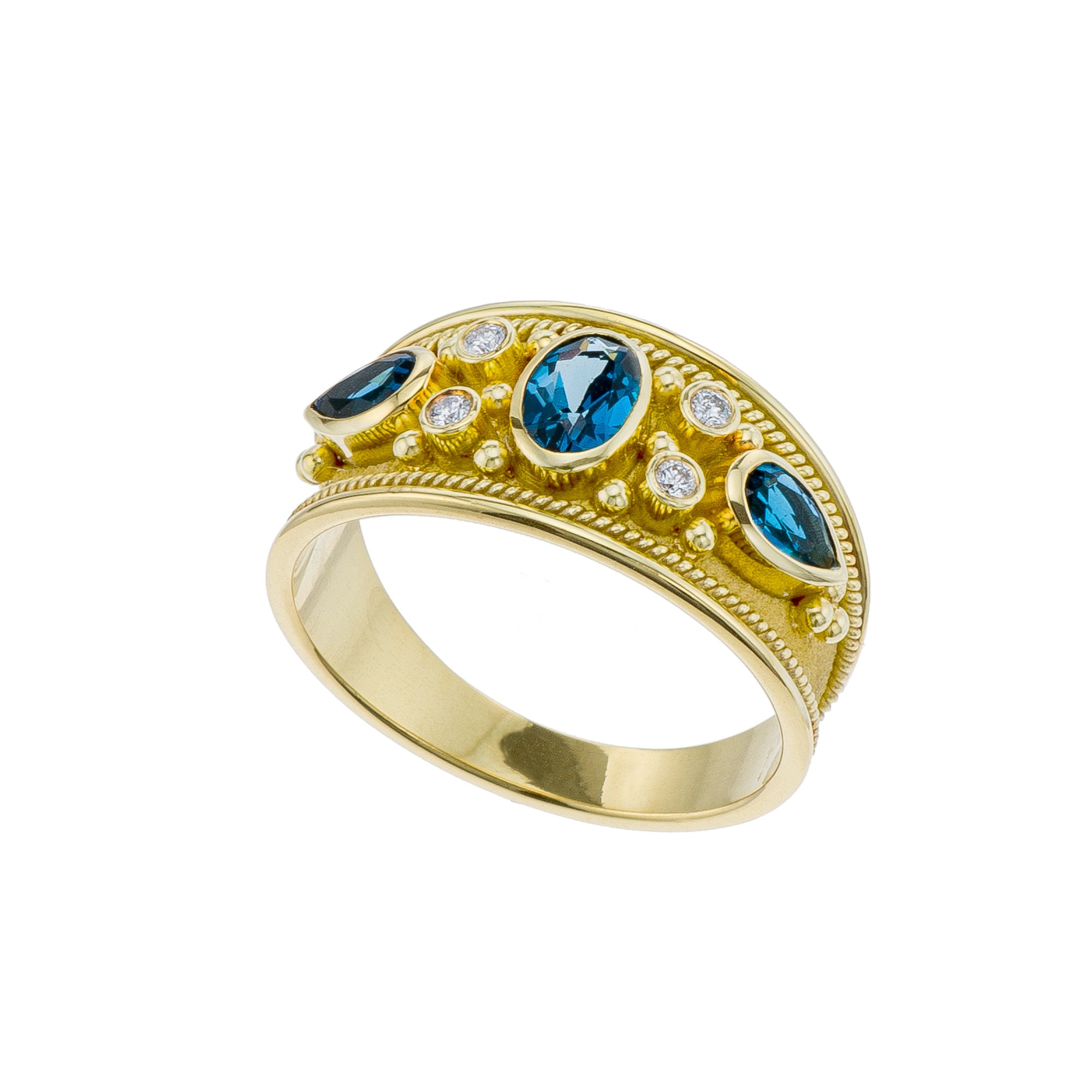 London Topaz Gold Byzantine Ring with Diamonds Odysseus Jewelry