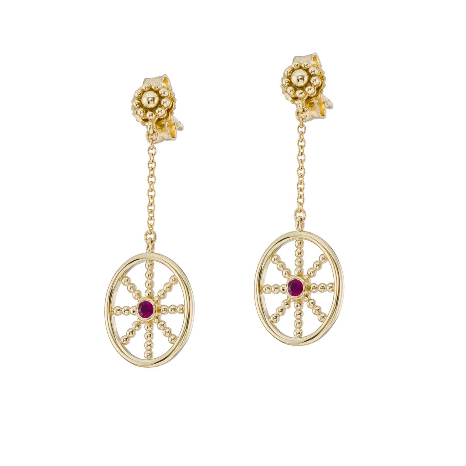 Granulation Gold Earrings with Ruby Odysseus Jewelry