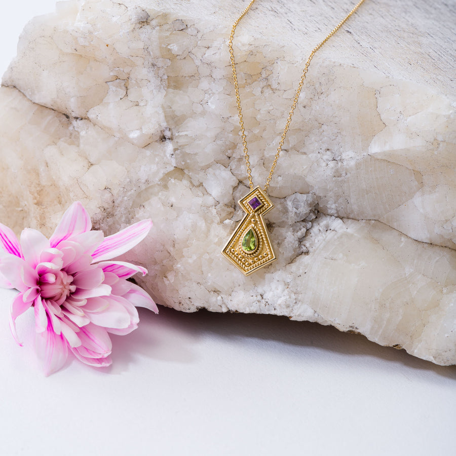 Amethyst Peridot Gold Byzantine Pendant