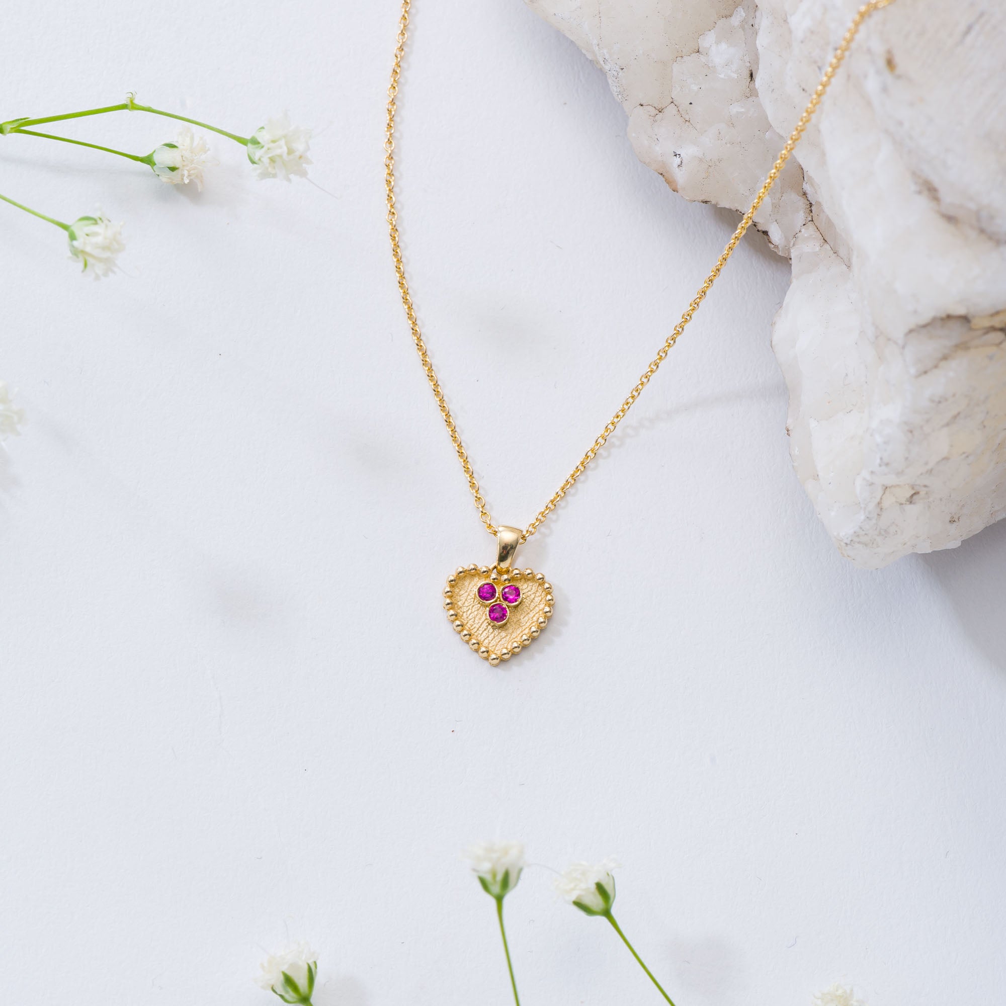 Gold Heart with Pink Sapphire Pendant Odysseus Jewelry