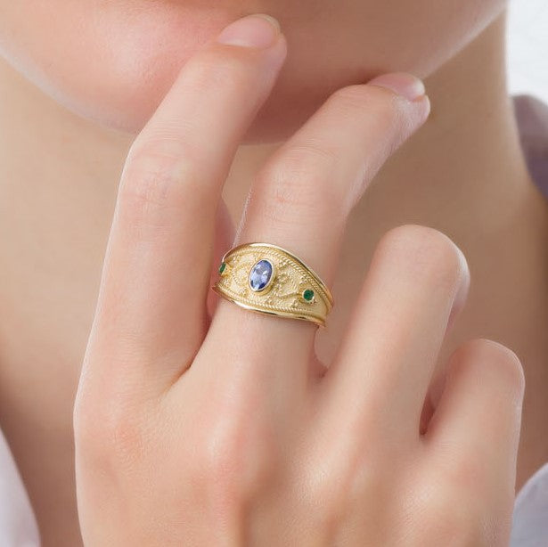Tanzanite Emerald Byzantine Gold Ring