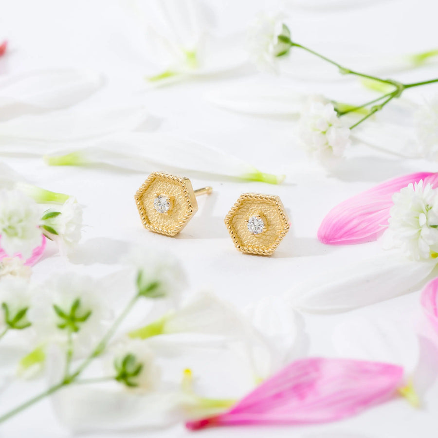 Gold Polygon Earrings with Diamond